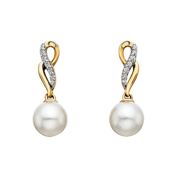 14k Yellow Gold Freeform Pearl & Diamond Earrings